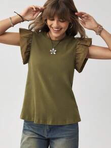 Wildy Western Wear Women Women's Wash Vintage Round Neck Cap Sleeve Knit Patchwork Casual Cap Sleeve T-Shirt