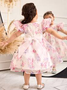 SHEIN Leap Crew Baby Girl Elegant Round Neck Puff Sleeve Detachable Bow Decor One-Piece Dress - White - View 1