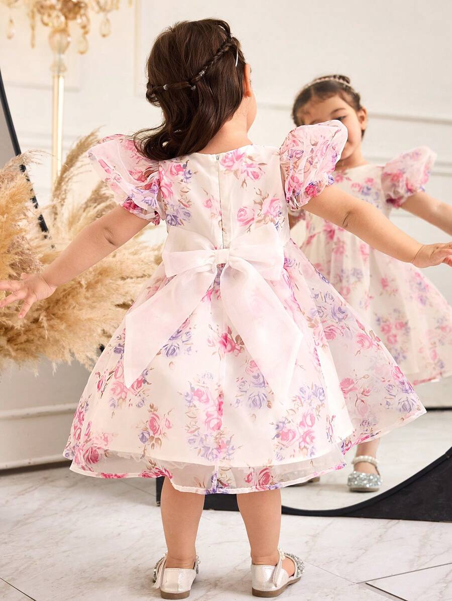 SHEIN Leap Crew Baby Girl Elegant Round Neck Puff Sleeve Detachable Bow Decor One-Piece Dress - White - View 1