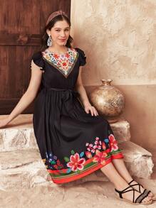 SHEIN Teen Girl Elegant Minimalist Round Neck Ruffle Sleeve Retro Pattern Midi Dress - Black - View 4