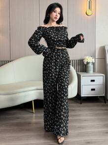 Modelyn 2 件套女士碎花露肩上衣和裤子套装 - 黑色 - 查看 6