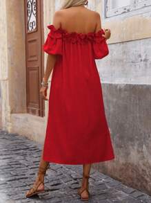 Breezaya Women's Fashionable Off Shoulder Ruffle Trim Slit Dress Maxi Vacation Beach Outfit - Red - View 2
