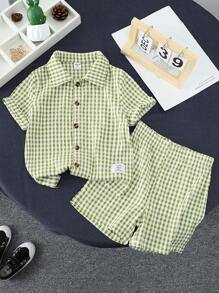 SHEIN Explorewe 青少年男孩清新格紋短袖短褲簡約套裝2入組 - 綠色 - 查看 1