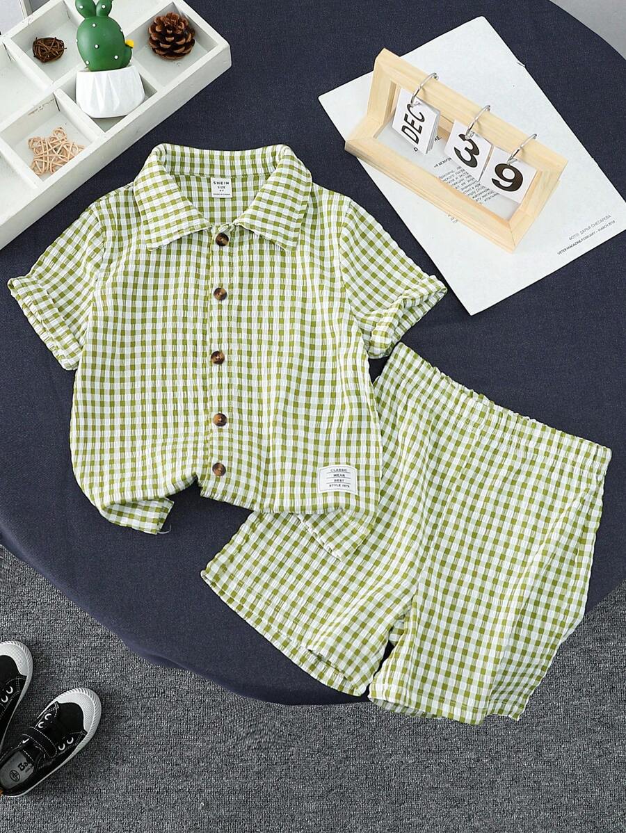 SHEIN Explorewe 青少年男孩清新格紋短袖短褲簡約套裝2入組 - 綠色 - 查看 1