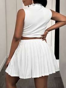 Slaydiva Set de 2 piezas 2025 Nueva temporada: Suéter informal clásico de cuello polo emparejado con falda plisada de ajuste ceñido de gran elasticidad, ropa de calle todo a juego para mujer, talla grande