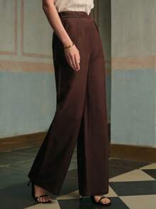 ZEYLAH Women's Elegant Faux Pearl Pocket Wide Leg Linen Pants - Coffee Brown - View 6