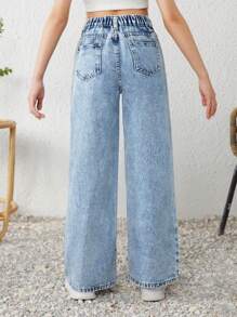 SHEIN بنطلون جينز واسع الساق مع خصر غير متماثل وهيم مشقوق من الحرير الطبيعي المغسول للفتيات المراهقات في موسم الربيع والصيف، ملابس صيفية للفتيات