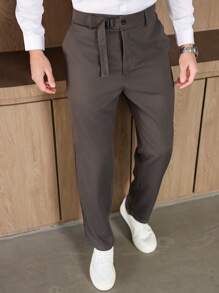 Manfinity Homme Plus Size Men's Solid Color With Pocket Straight Loose Casual Pants - Dark Grey - View 6