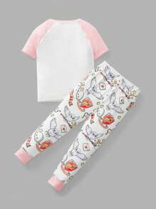 HARRY POTTER X SHEIN Young Girl Cute Owl Serenity Graphic Contrast Raglan Sleeve T-Shirt & Allover Print Long Pants 2pcs Pajama Set, Suitable For Spring, Summer, Autumn