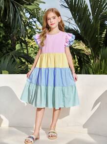 SHEIN Tween Girls Woven Macaron Colorful Striped Color Block Ruffle Hem Cap Sleeve Relaxed Dress, Suitable For Spring Vacation, Spring/Summer, Back To School