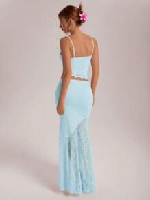 Aloruh 2pcs/Set Women's Spring/Summer Holiday/Wedding Season Lace Asymmetric Hemline Camisole Top And Low Waist Mermaid Ruffled Asymmetrical Hem Skirt - Baby Blue - View 2