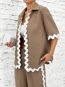SHEIN EZwear 2pcs/Set Contrast Color Wave Trim Shirt & Pants,Old Money Simple Commute Minimalist Office Old Money Simple
