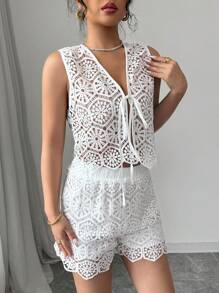 Elenzga 2pcs Women Floral Lace Front-Tie Vest And Shorts Fashion Set - White - View 7