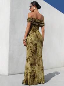 Aveloria Modichic 2025 Gray-Green Floral Jacquard Flocked Texture Sexy Elegant Sophisticated Off Shoulder Bodycon Fishtail Hem Midi Dress - Apricot - View 2