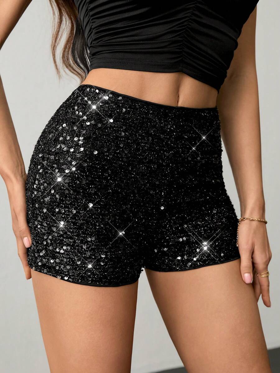 SHEIN Tall Quần short ôm vừa vặn đính sequin thời trang cho đi làm và dự tiệc - màu đen - Xem 1
