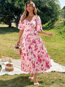 Franclia Vestido estampado de talle alto y plisado elegante francés para mujer talla grande