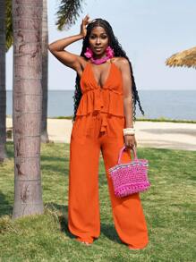 Slaydiva 全新休闲度假露背吊带上衣+阔腿超长裤竹纤维白色女款两件套-M - 橘色 - 查看 1