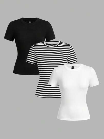 SHEIN EZwear Set de 3 camisetas de cuello redondo con rayas sólidas, de ajuste ceñido y manga corta, para mujer