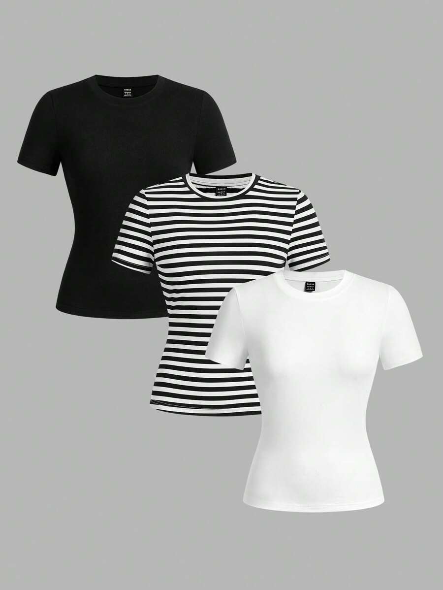 SHEIN EZwear Bộ 3 áo thun tay ngắn bó sát cổ tròn kẻ sọc đơn giản dành cho nữ - Nhiều màu - Xem 1
