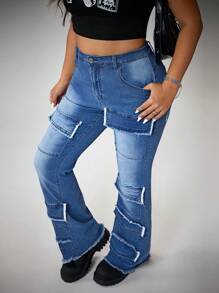 SHEIN ICON Pantalones casuales de mezclilla cargo lavados con múltiples bolsillos en talla grande - Azul lavado medio - Ver 1