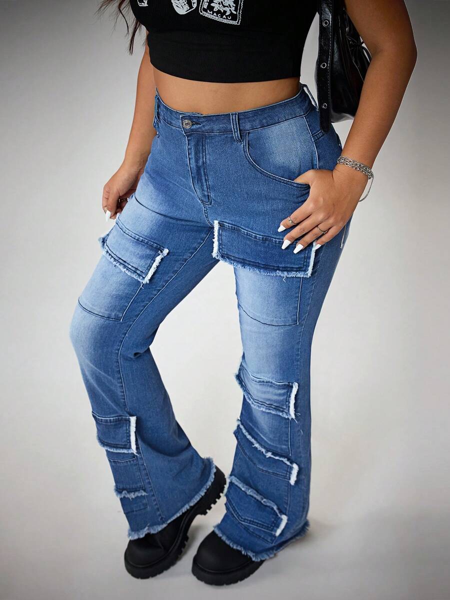 SHEIN ICON Plus Size Casual Washed Cargo Denim Pants With Multiple Pockets - Medium Wash - View 1