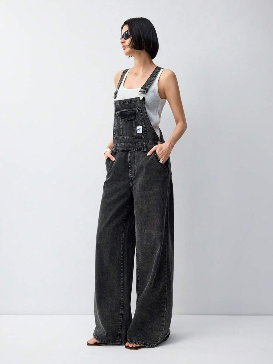 LYSMO Women's Pocket Wide Leg Loose Casual Versatile Denim Jumpsuit 2025 New Summer - Black - View 1
