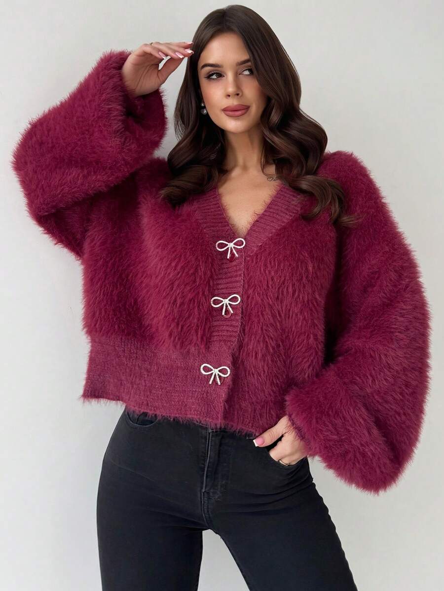 Firerie Cardigan Wanita Elegan Kasual untuk Beraktivitas di Rumah, Nyaman, dengan Hiasan Pita dan Rhinestone, Cocok untuk Musim Dingin - Burgundy - View 1