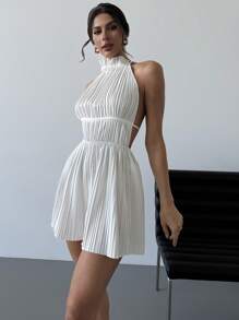 Firerie 浪漫优雅褶皱露背系腰 A 字褶皱白色短款连体裤，适合情人节、婚礼季、约会、通勤、度假、街头风格、春夏 - 白色 - 查看 5