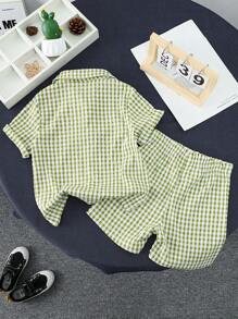 SHEIN Explorewe 青少年男孩清新格紋短袖短褲簡約套裝2入組 - 綠色 - 查看 2
