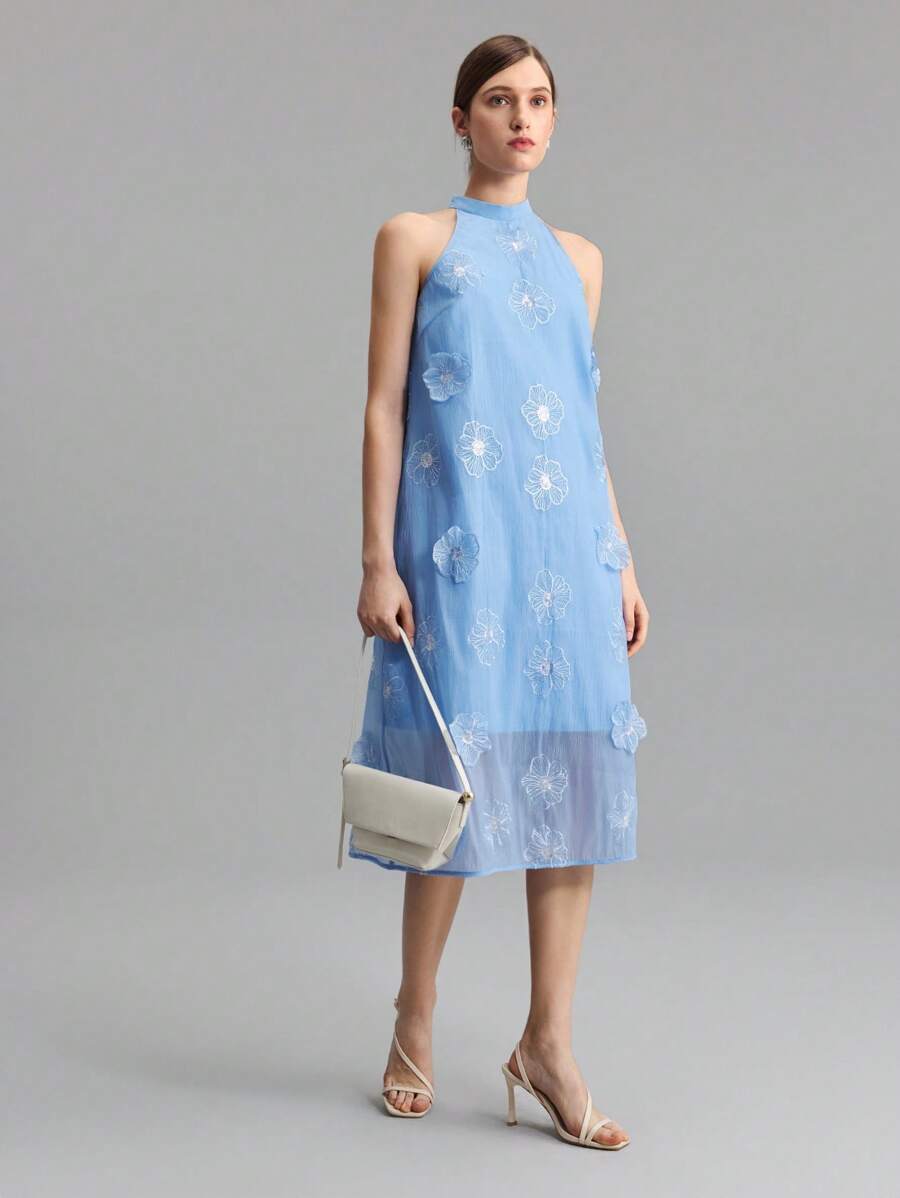 Ontre 2025新款音乐节、毕业、度假风浅蓝色3D花朵材质立领无袖女式迷你连衣裙，时尚百搭日常穿着