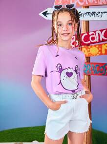 SHEIN X Care Bears Tween Girl 卡通爱心和熊图案休闲可爱短袖 T 恤，百搭，有紫色、粉色和蓝色可供选择 - 彩色 - 查看 4