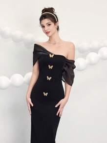 Poshira Women Black Knit Mixed Material Butterfly Gold Buttons Patchwork Metal Buckle Cocktail Dress, Wedding Guest Dress Music Festival Spring/Summer, Party Dress, Prom Dress - Black - View 4