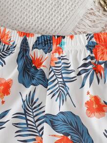 Sparklyn Holiday,Summer,Travel2pcs/Set Tween Girls Solid Puff Sleeve Cutout Top & Tropical Print Long Pants Outfit Young Girl Summer Sets - Orange - View 5