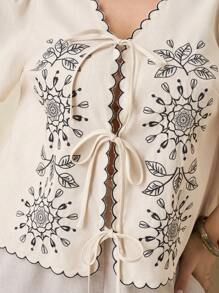 SHEIN Clasi Women Plus Size Apricot Embroidery Bow Front Open Blouse, Elegant Daily Comfortable Short Sleeve Top, Spring/Summer Plus Size Women Casual Tops Business Casual Woman Tops Office Tops For Women Vacation Tops Boho Tops For Summer Going Out Top V Neck Top Women Tops Summer