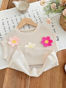 SHEIN LMoss Kids Fashionable Round Neck T-Shirt With Knitted 3D Floral Decor For Young Girls - Apricot - View 5