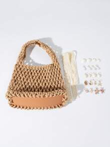 ROMWE Fairycore 1 Set Khaki Color Ocean Shell Starfish Woven Beach Tote Bag With Accessories, Fashion & Personalized Beach Holiday Style Handbag For Women (Includes 1 Bag & 1 Set Of Accessories)