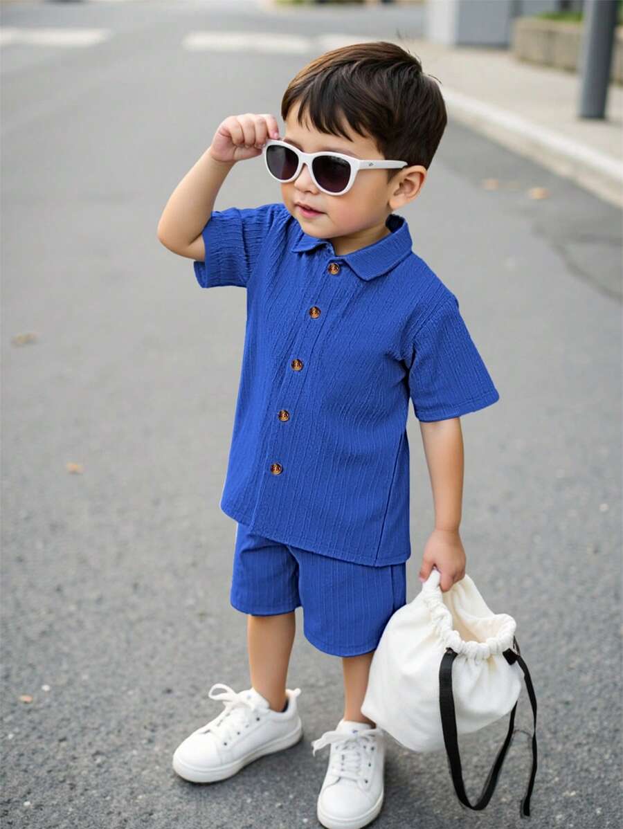 SHEIN Young Boy Solid Button Front Shirt & Shorts Without Tee, School, Campus, College Summer Holiday