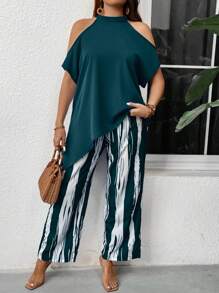 EMERY ROSE Blusa casual de hombros abiertos con bajo asimétrico en unicolor y pantalón largo a rayas de contraste tallas grandes - Verde - Ver 3