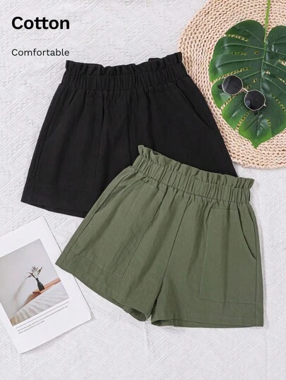 SHEIN LUNE Conjunto de dos piezas de shorts de mujer unicolor con cinturilla elástica y doble bolsillo