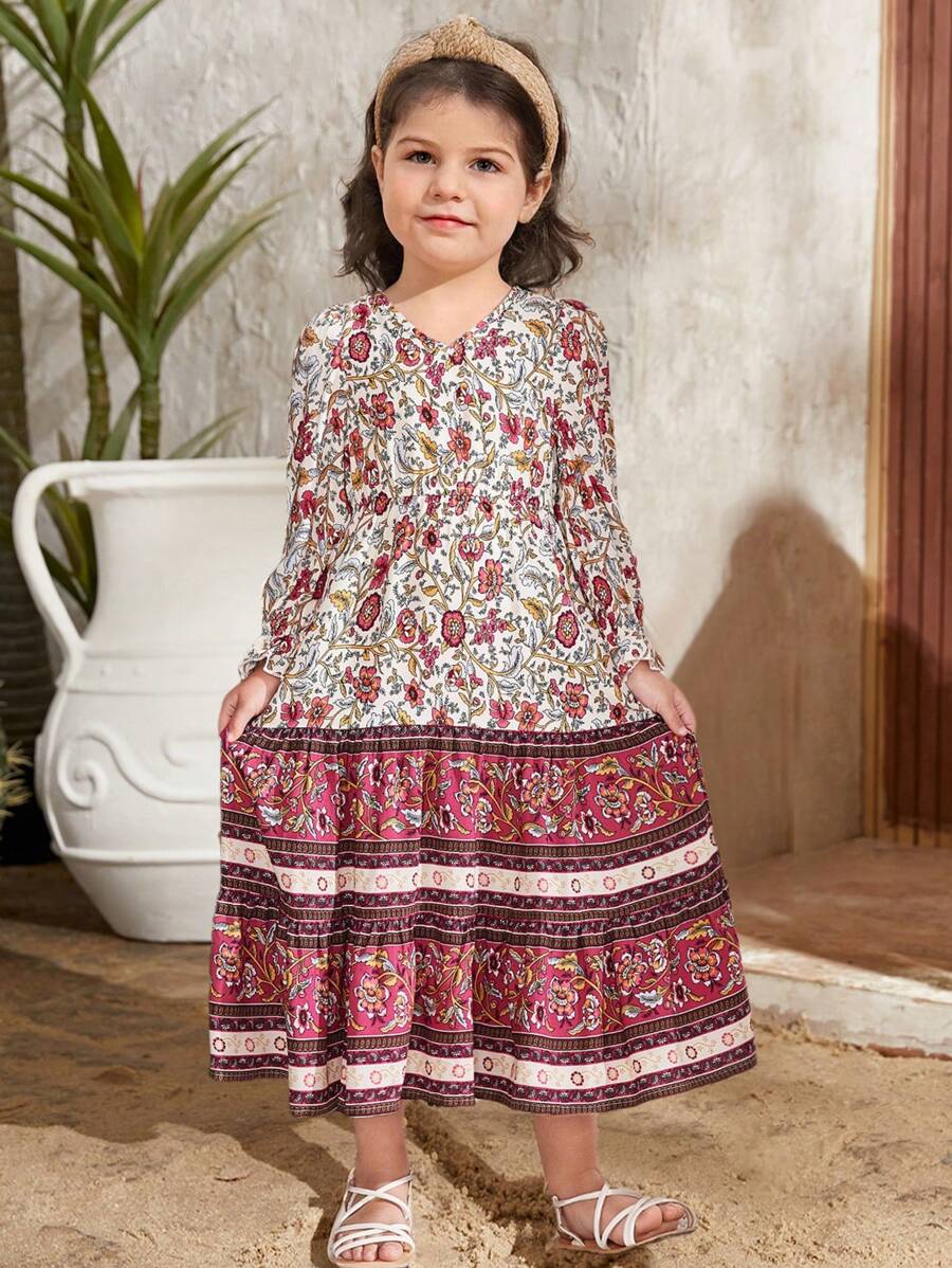 SHEIN Young Girl White Autumn Floral Print Dress,Lantern Sleeves V-Neck Loose Style,Matching Family Vacation Outfit,Sisters Sibling Wear For Festivals - Multicolor - View 1
