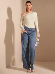 SHEIN BAE Bộ đồ liền thân tay loe cổ bẻ gợi cảm thanh lịch màu trơn mùa xuân và mùa hè dành cho nữ, thích hợp để mặc nhiều lớp vào mùa thu/đông, bộ đồ liền thân dệt kim gợi cảm, thích hợp để đi chơi, hẹn hò lãng mạn, tiệc tùng - Màu be - Xem 3