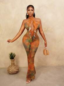 BamGleam Women's Tie-Dye Print Ruffled Openwork Backless Halter Jumpsuit - Multicolor - View 4