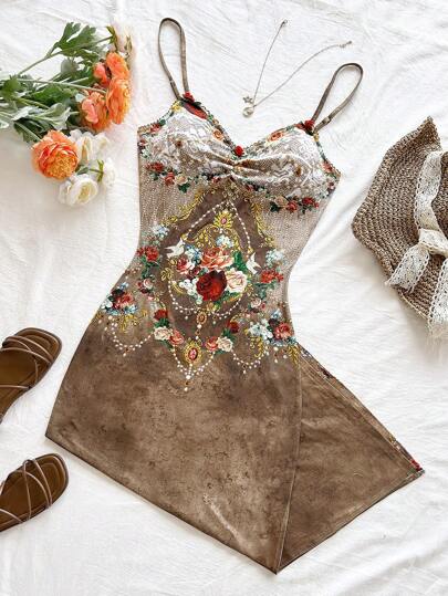 Soleia Elegant Vintage Floral Print Lace V-Neck Sleeveless Slip Dress For Women, Perfect For Vacation