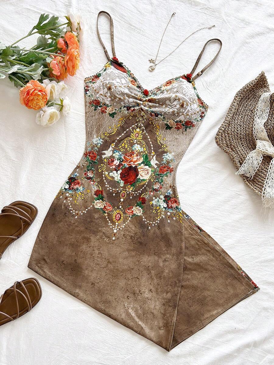 Soleia 女士花卉印花褶皱优雅连衣裙，适合度假 - 彩色 - 查看 1