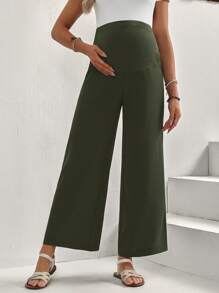 SHEIN Pregnant Women Solid Color Adjustable Waist Wide Leg Casual Pants - Green - View 3
