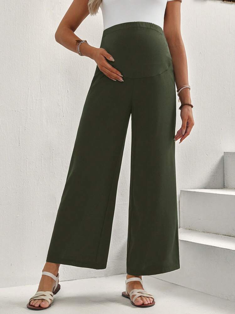 SHEIN Pregnant Women Solid Color Adjustable Waist Wide Leg Casual Pants - Green - View 3