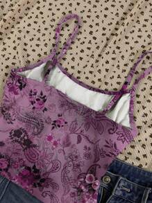 SHEIN EZwear 加大码复古性感卷轴纹、复古碎花、复古罗马、摇滚明星设计、安哥拉红女式无袖短款背心，适合夏季 - 紫色 - 查看 2