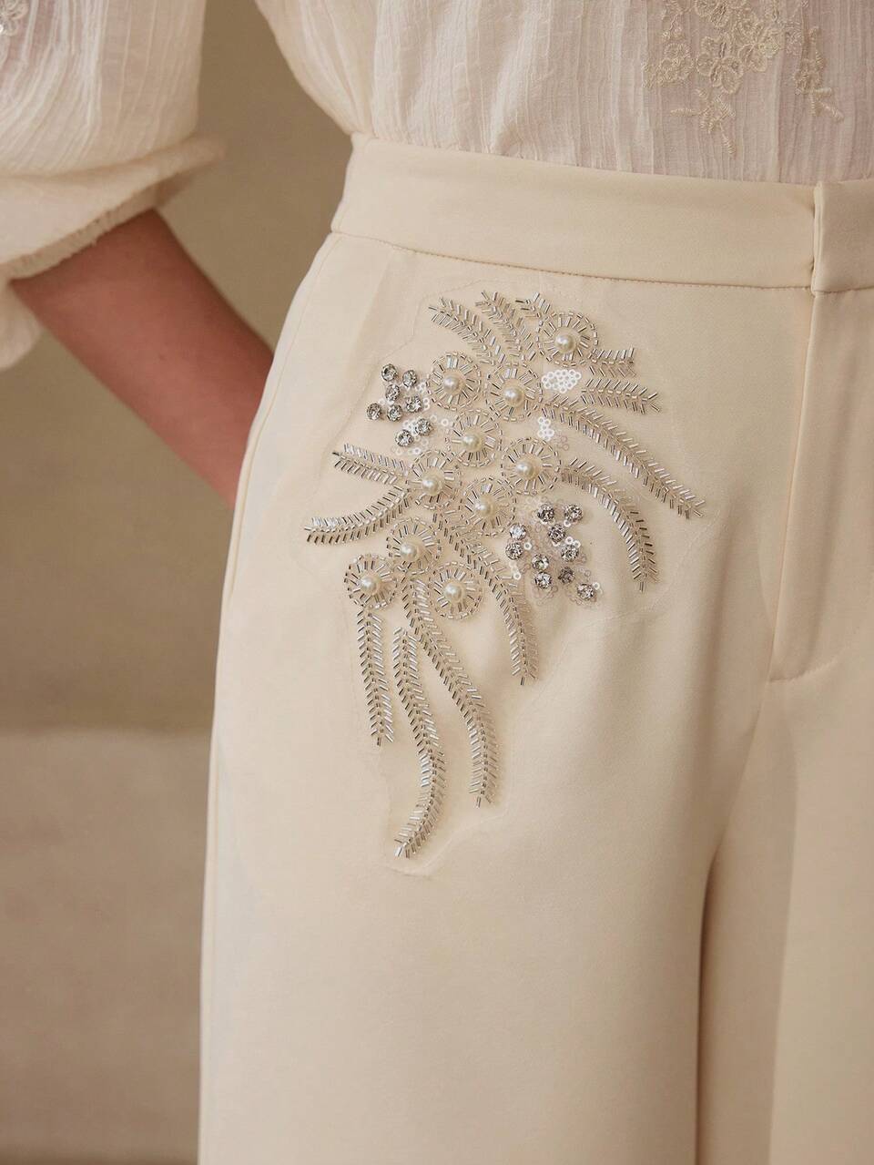 BEADED EMBROIDERY WIDE LEG PANTS