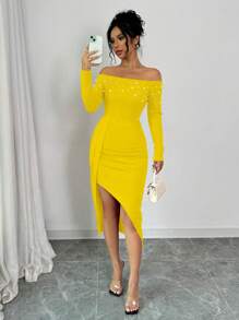 Elenzga Women's Open Shoulder Long Sleeve Ruched High Slit Pearl Design Bodycon Dress For New Year Clothes - Yellow - View 1