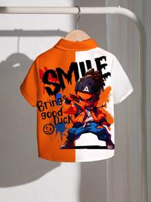 SHEIN Boys' Casual Stylish Cool Cartoon Character Printed Loose Comfortable Short Sleeve Shirt, Suitable For Spring/Summer